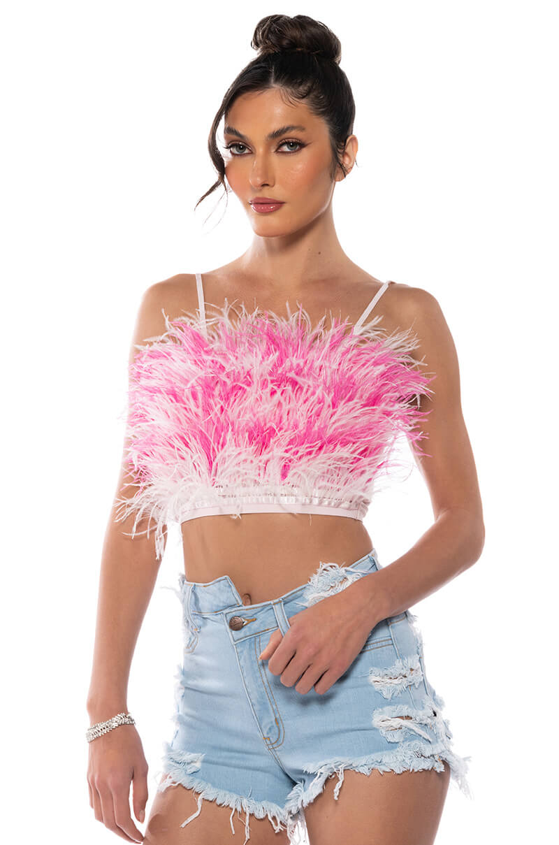 Front View Real Ostrich Feather Top In Pink Multi