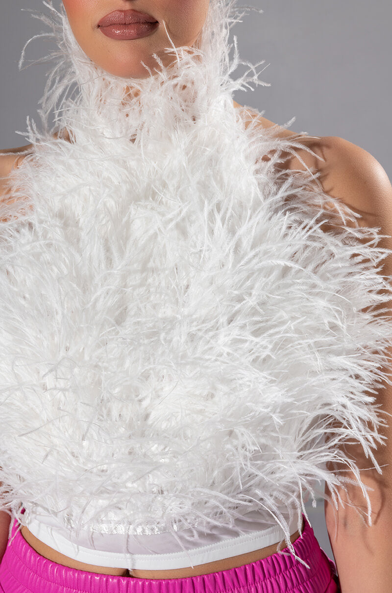 Extra View Real Ostrich Feather Top In White
