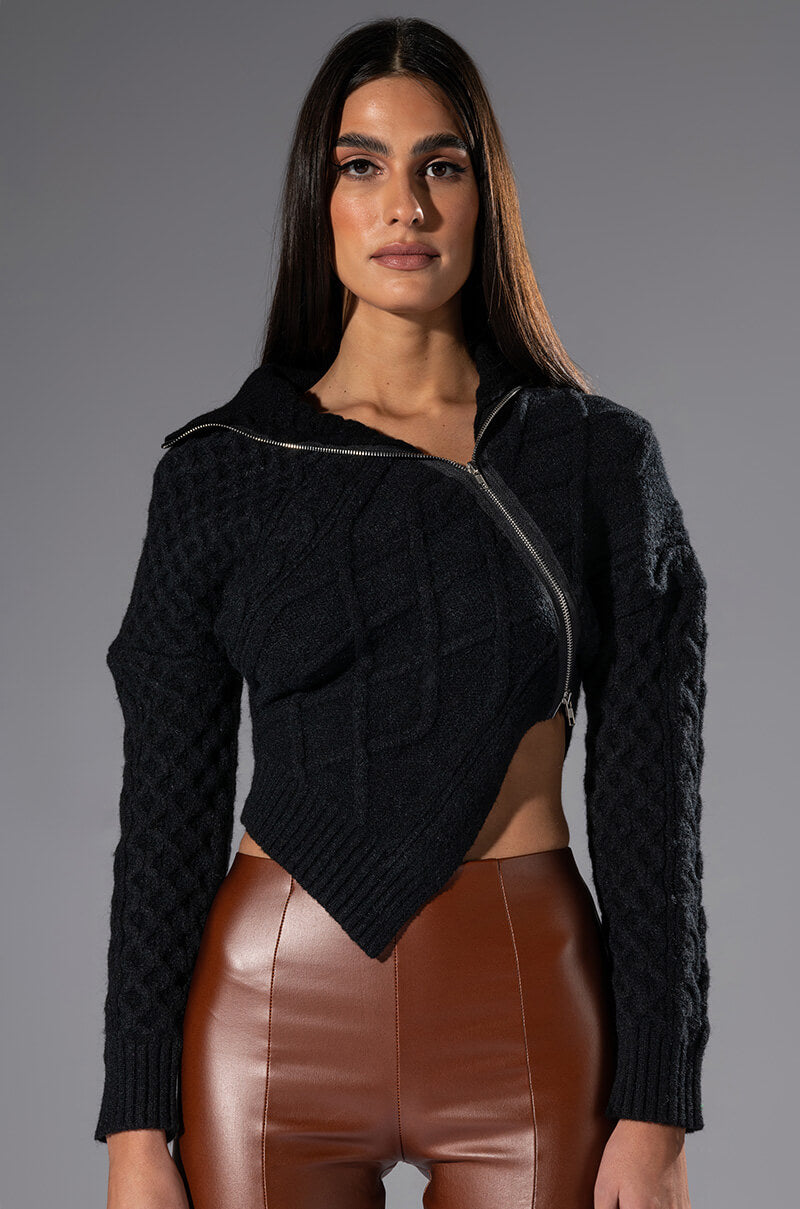 Front View Rebelling Cable Knit Asymmetrical Zipper Sweater 0