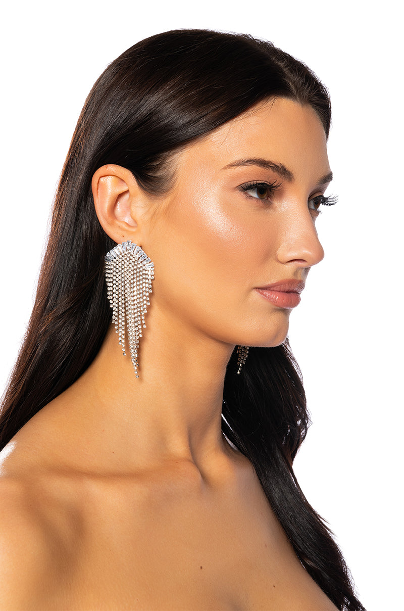Front View Red Carpet Rhinestone Fringe Earring In Silver 0