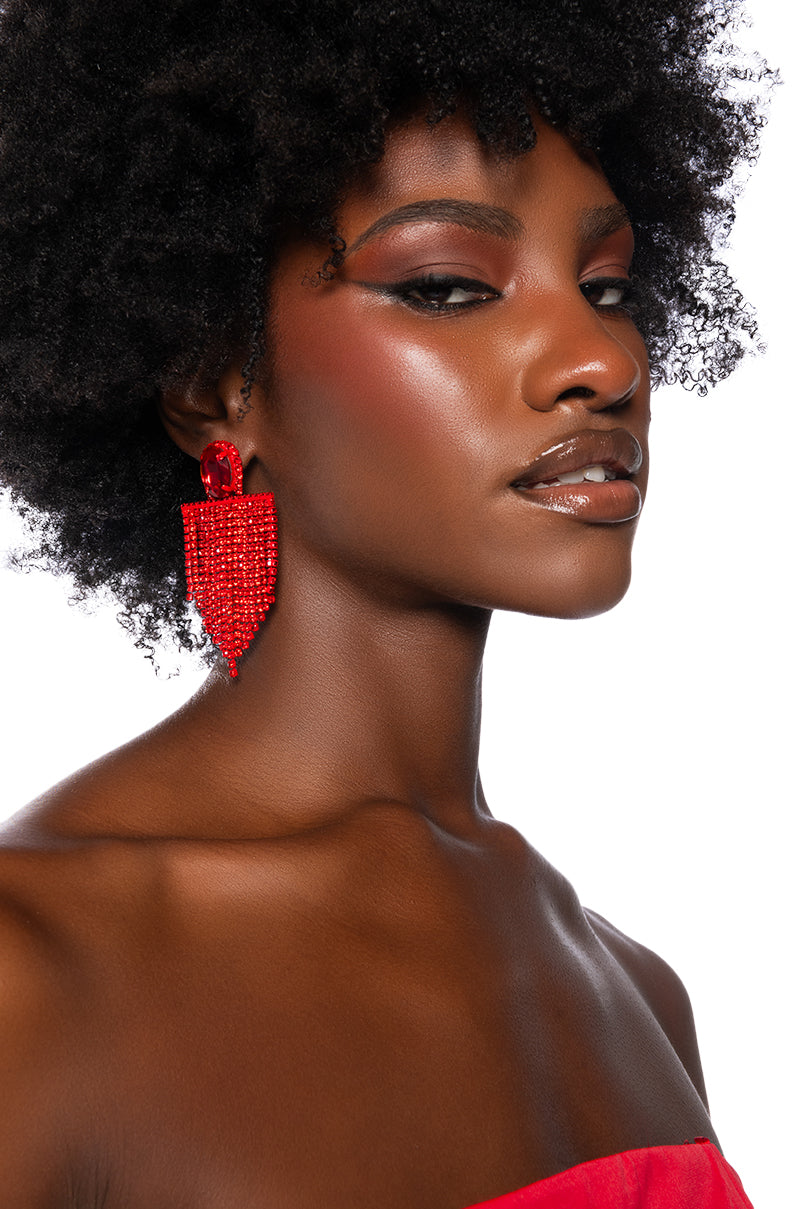 Front View Red Moment Rhinestone Fringe Earrings