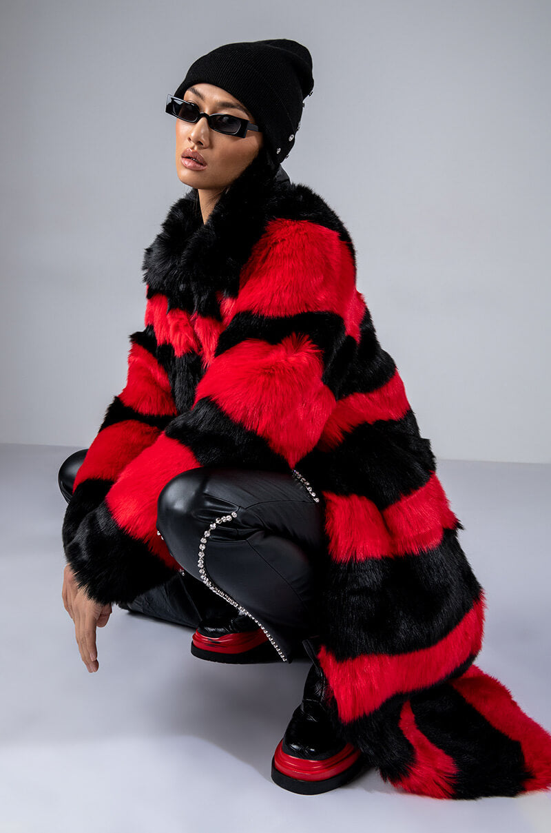 RED AND BLACK FAUX FUR LONG JACKET view 0