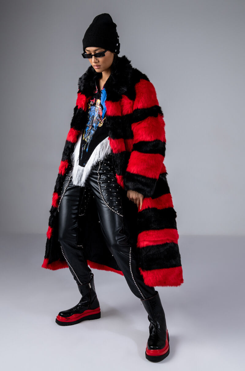 RED AND BLACK FAUX FUR LONG JACKET