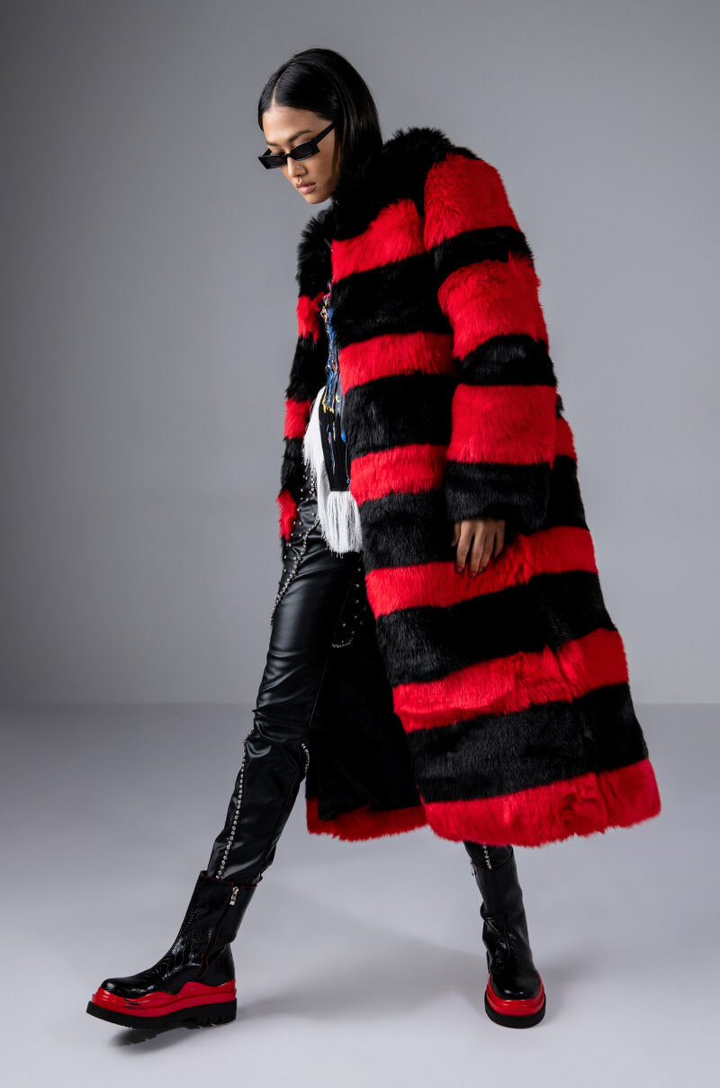 Back View Reddy For It Red And Black Faux Fur Long Jacket