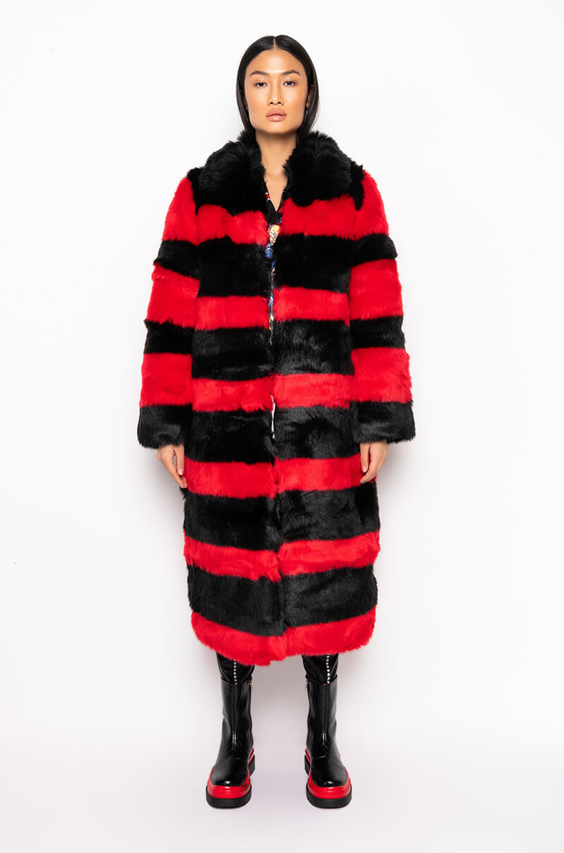 Full View Reddy For It Red And Black Faux Fur Long Jacket