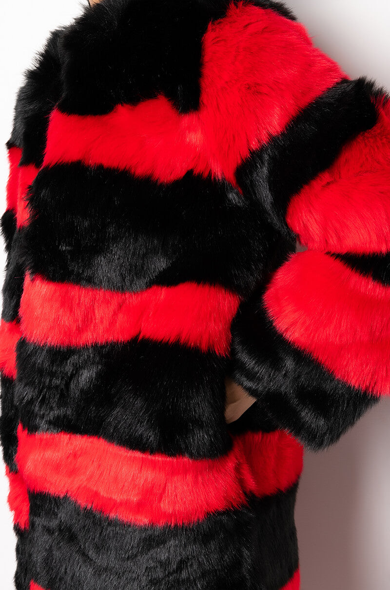 Extra View Reddy For It Red And Black Faux Fur Long Jacket