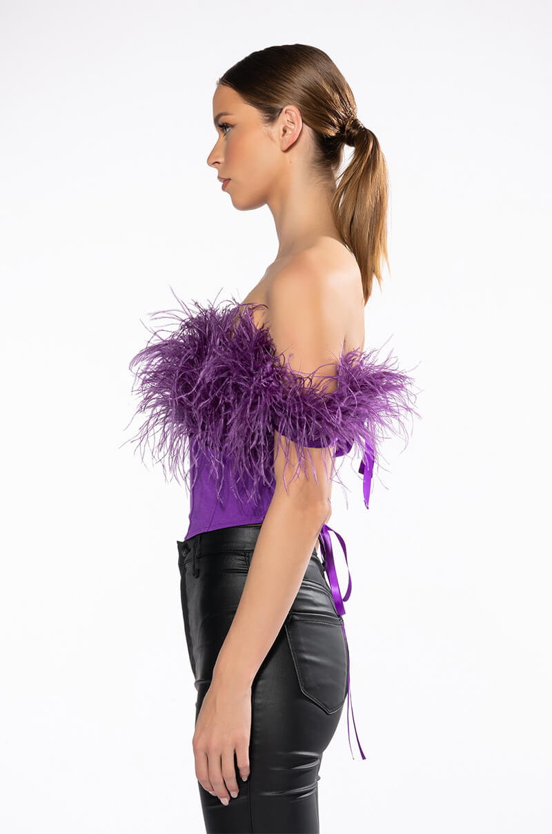 Detail View Regal Off The Shoulder Feather Corset