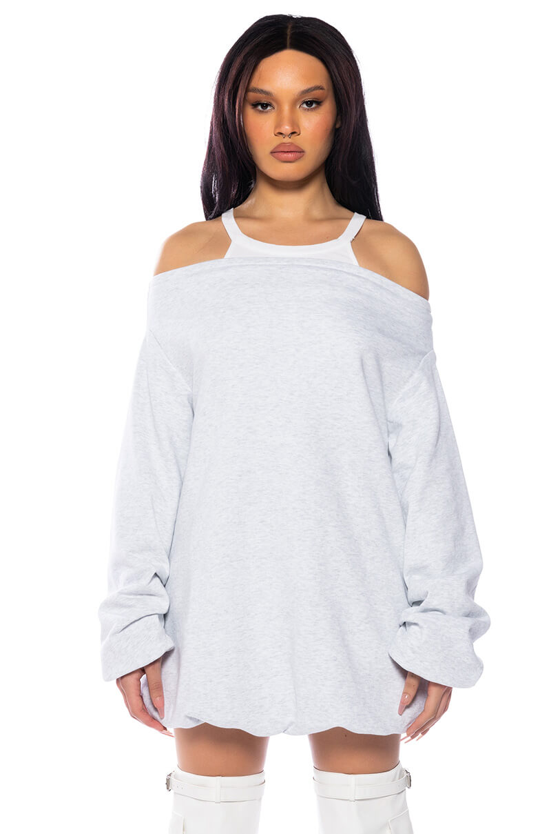 Front View Relaxed Cutie French Terry Off The Shoulder Mini Dress