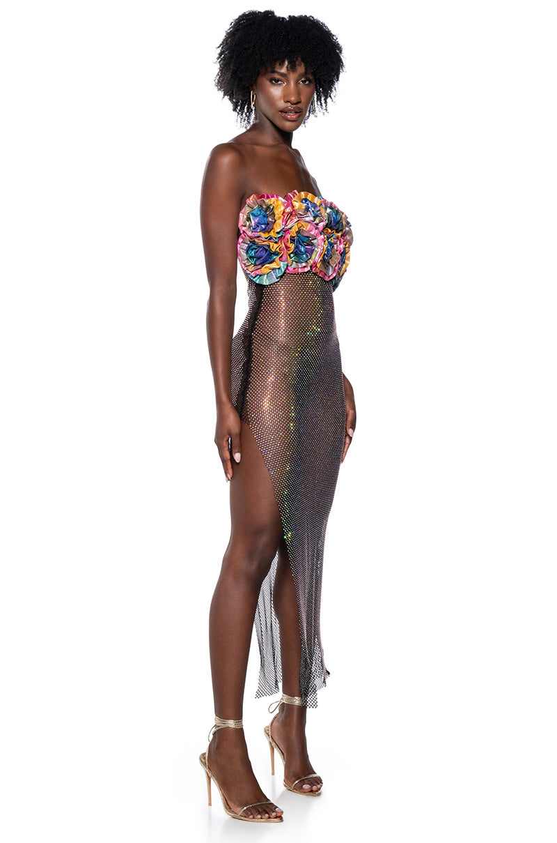 RENNAISANCE FLORAL RHINESTONE MESH MAXI DRESS view 0