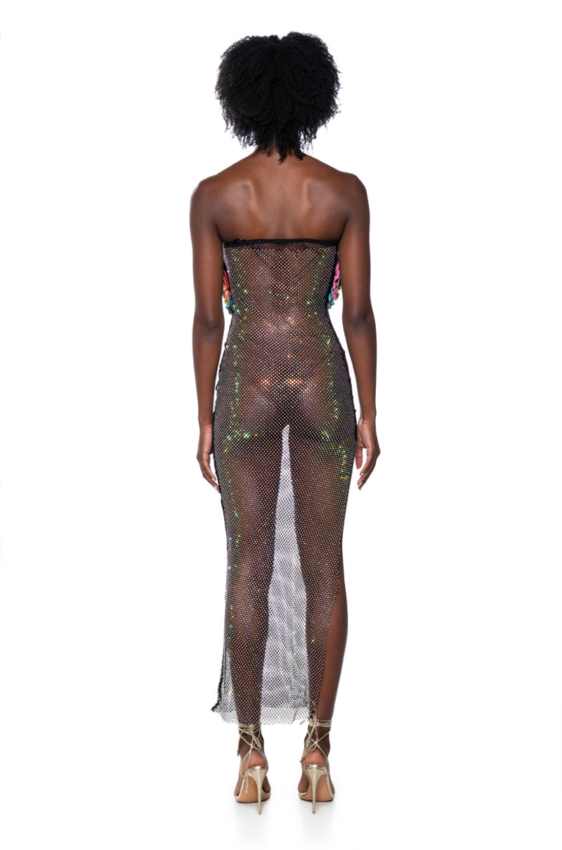 Back View Renaissance Floral Rhinestone Mesh Maxi Dress