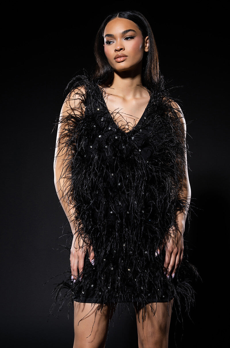 rendezvous sleeveless feather mini dress Akira Rendezvous Sleeveless Feather Mini Dress