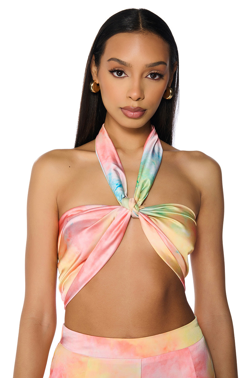 Front View Resort Baddie Ombre Print Bandeau Tie Top