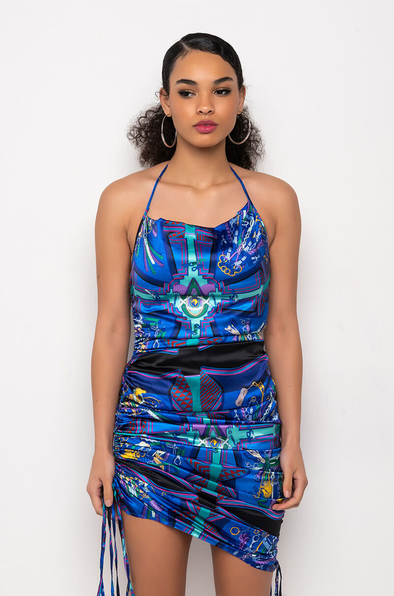 Back View Resort Go Gina Satin Scarf Print Midi Dress