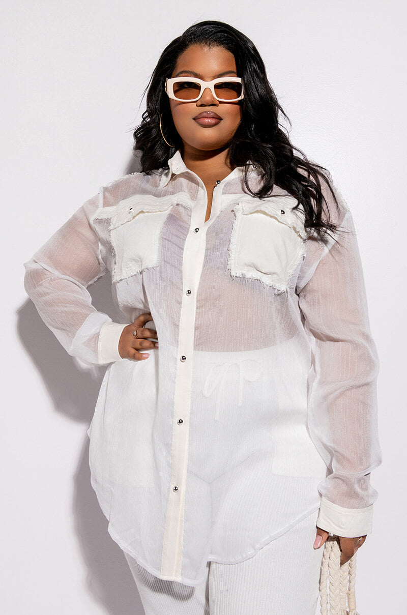 Front View Resort Plus Aria Oversized Button Down Blouse