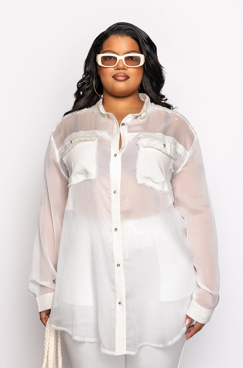Back View Resort Plus Aria Oversized Button Down Blouse