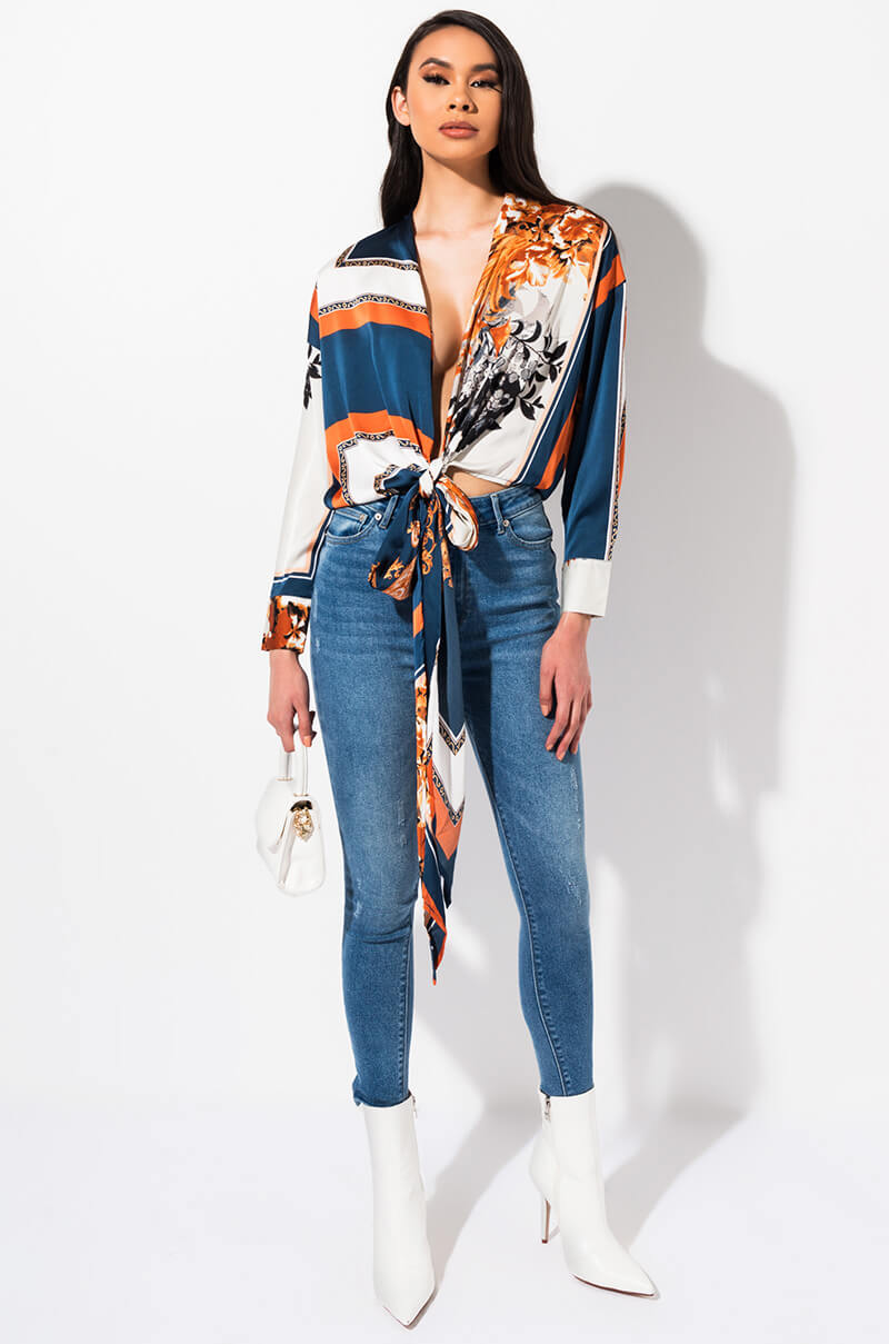 Front View Resort Vibes Tie Front Top in White Multi