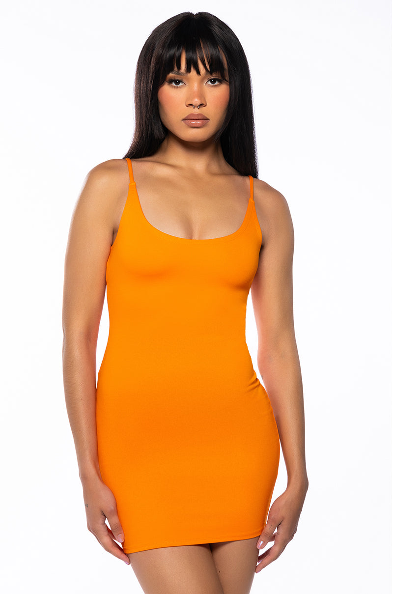 Front View Reyla Mini Bodycon Dress In Orange
