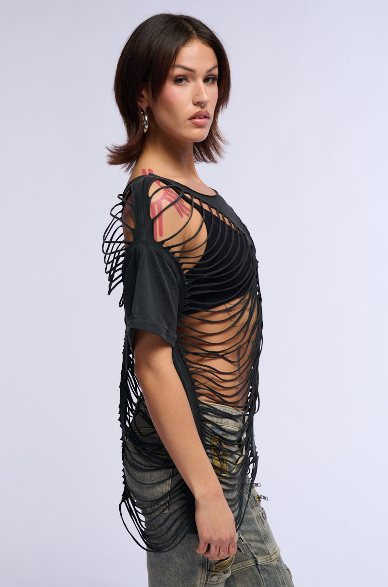 Side View Reza Distressed Oversized T Shirt In Grey