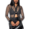 Front View Rhinestone Mesh Button Down Shirt In Black