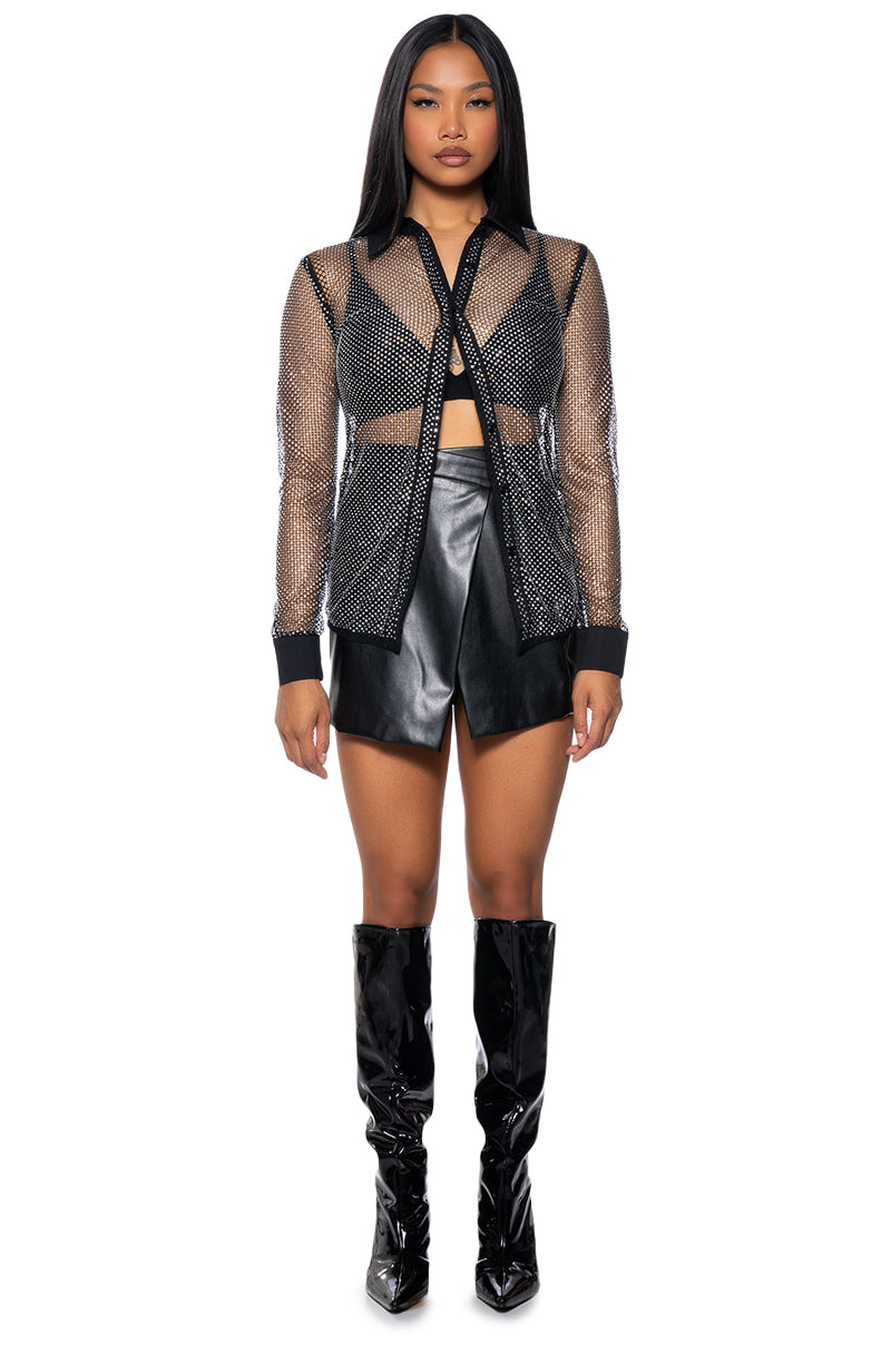 Extra View Rhinestone Mesh Button Down Shirt In Black