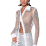 Front View Rhinestone Mesh Button Down Shirt In White