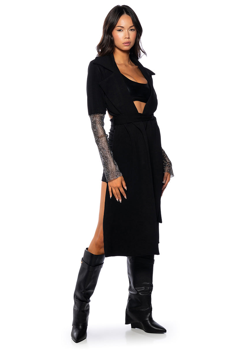 Front View Rhinestone Mesh Sleeve Duster