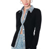 Front View Rib Knit Denim Trim Button Down Collared Shirt In Black