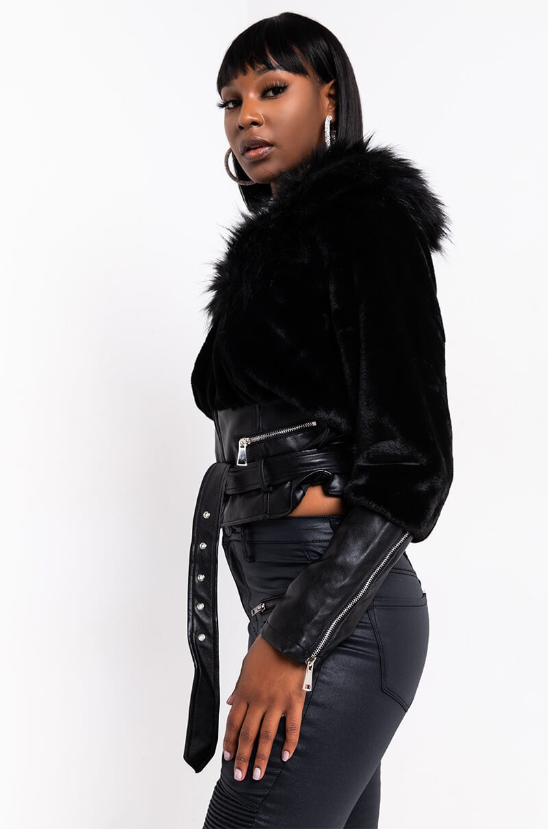Detail View Rich Bitch Juice Dual Fur Moto Jacket in Black