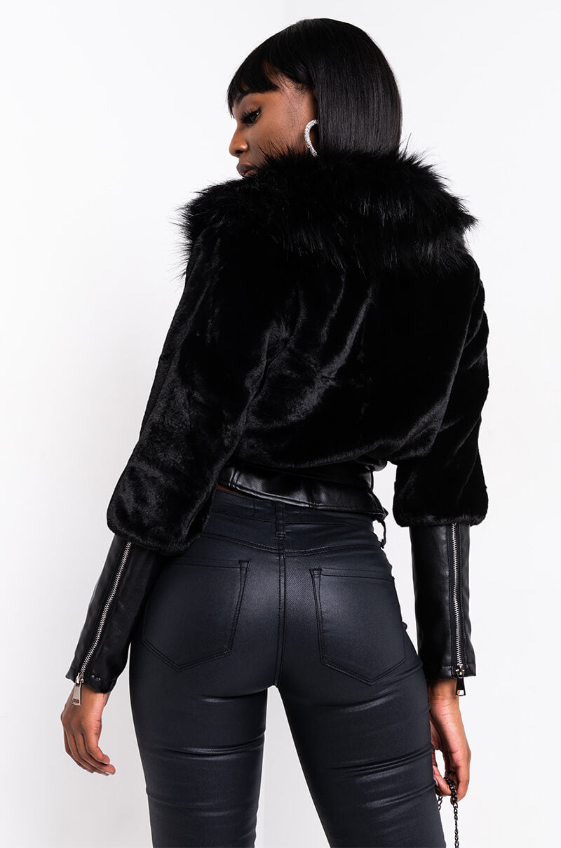Full View Rich Bitch Juice Dual Fur Moto Jacket in Black
