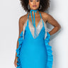 Front View Riches On Riches Rhinestone Detail Midi Dress in Blue