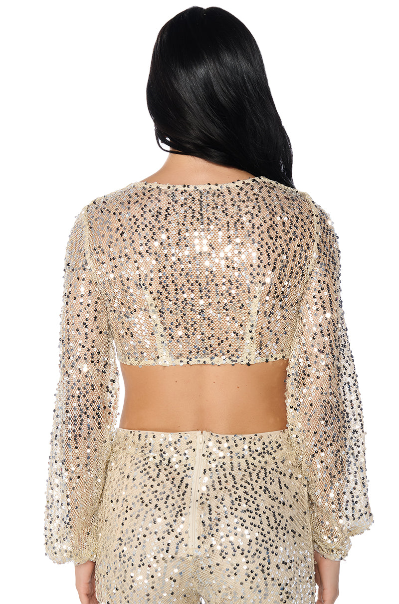 Detail View Right Decision Sequin Tie Around Top