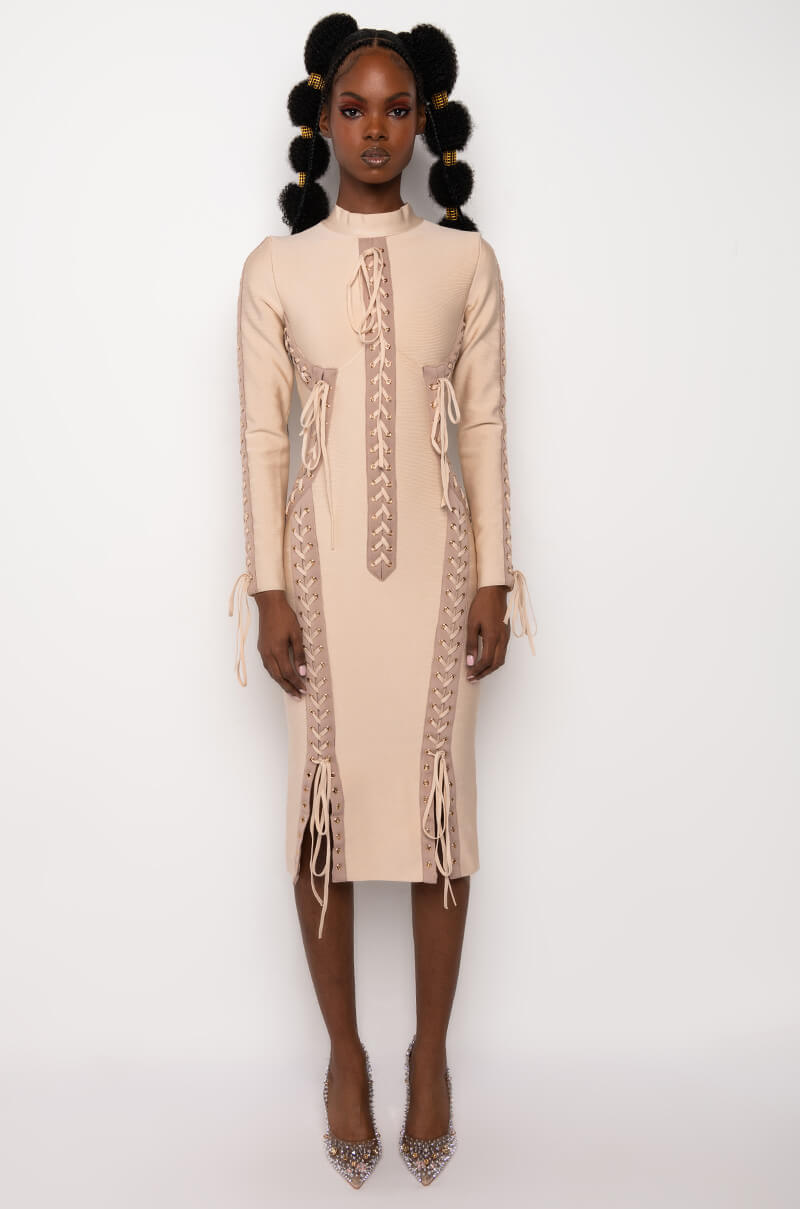 RIGHT MY WRONGS MULTI LACE BANDAGE MIDI DRESS AKIRA RIGHT MY WRONGS MULTI LACE BANDAGE MIDI DRESS AKIRA