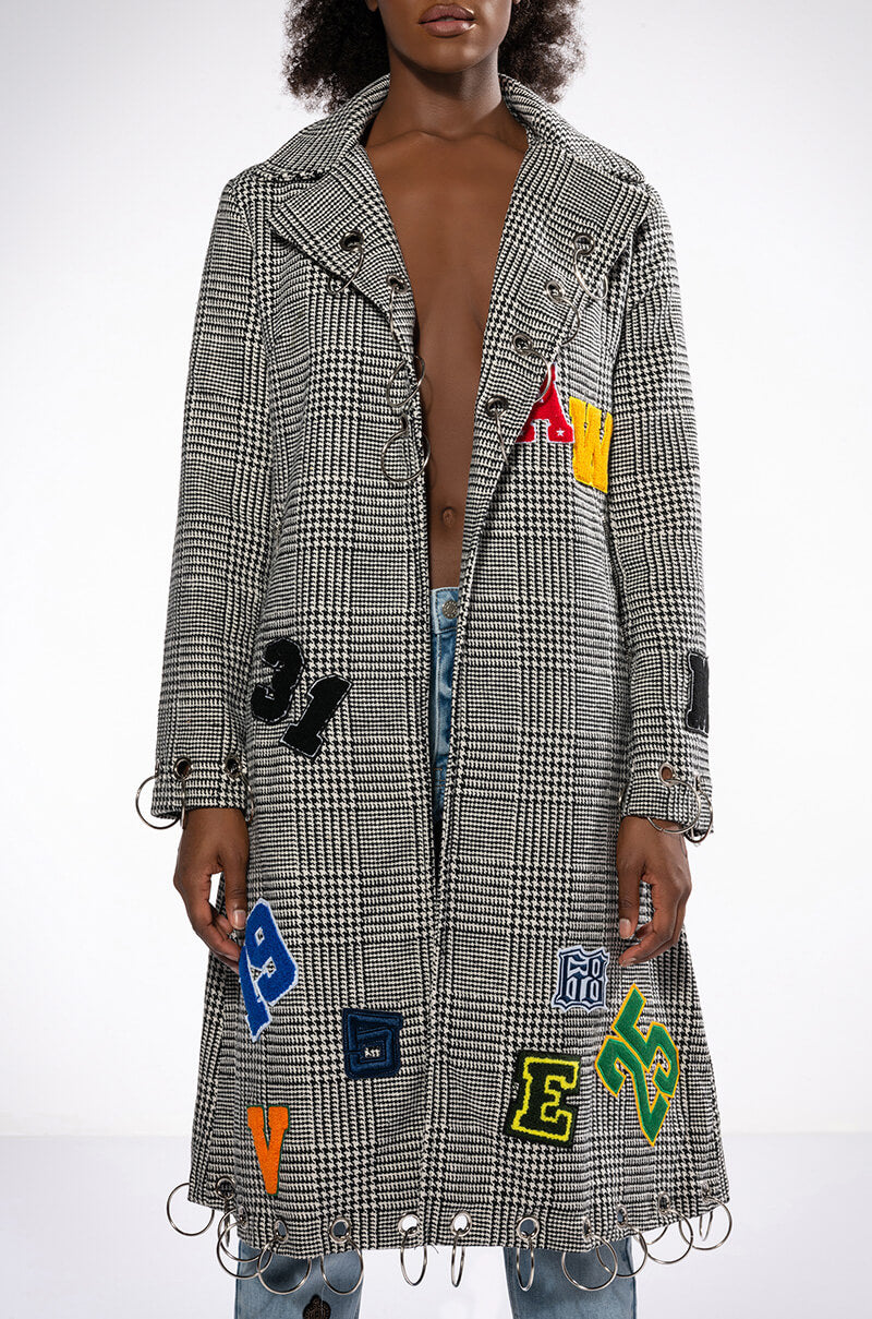 Front View Ringo Houndstooth Plaid Patchwork Trench 0