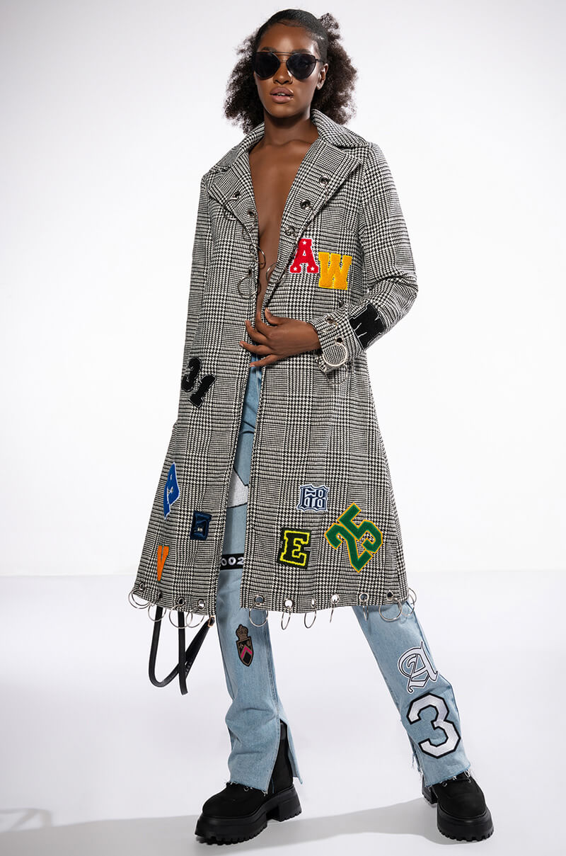 Side View Ringo Houndstooth Plaid Patchwork Trench 1