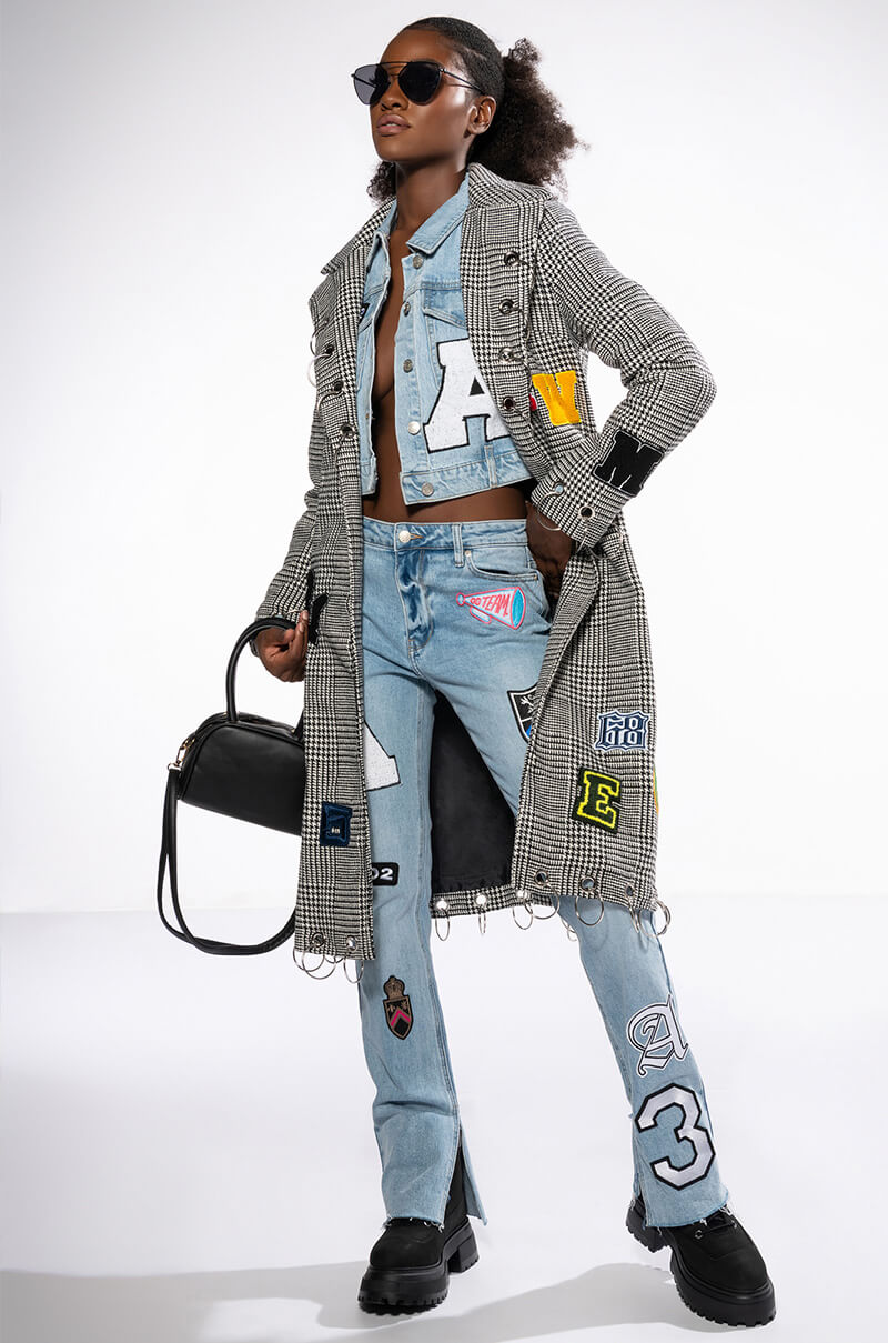 Detail View Ringo Houndstooth Plaid Patchwork Trench 3