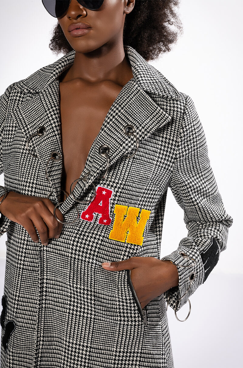 Extra View Ringo Houndstooth Plaid Patchwork Trench 7