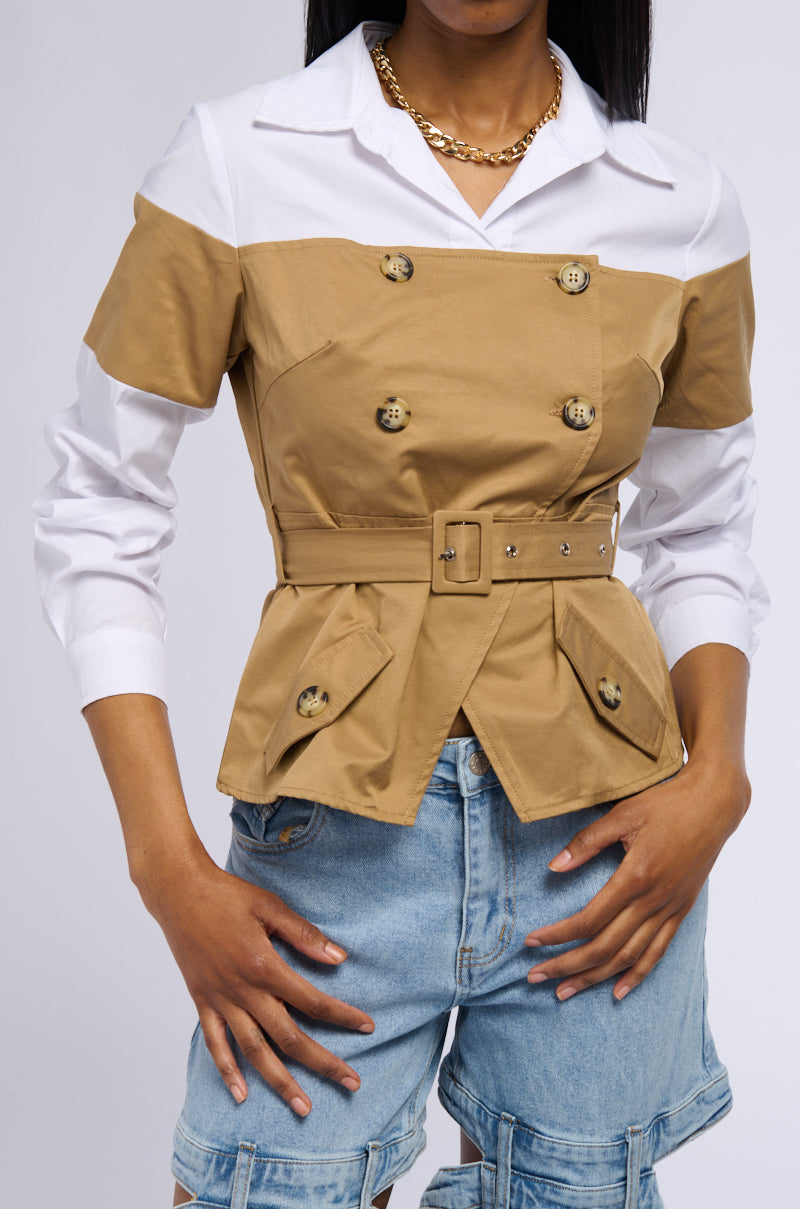 Front View Risky Business Button Down Poplin Blouse