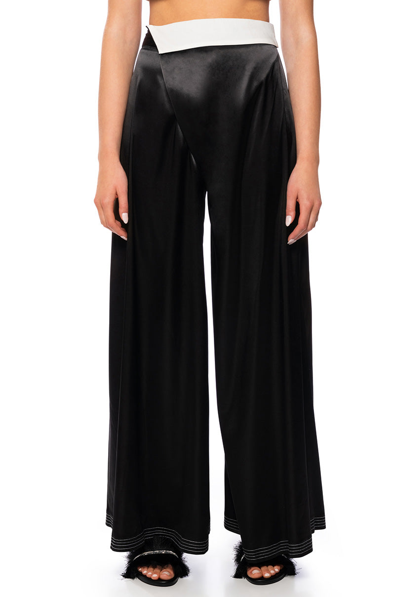 Front View Risky Business Wrap Around Wide Leg Satin Pant