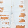 A close-up image of light blue, high-waisted, distressed denim shorts featuring multiple large rips and frayed edges on both legs. The shorts showcase visible orange-brown stitching and a silver button closure at the waist.