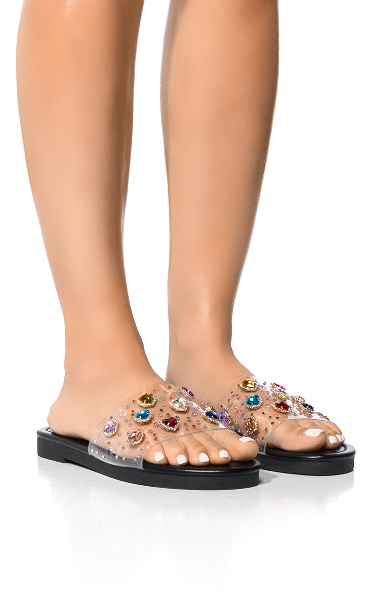 Front View Roana Black Embellished Flat Sandal