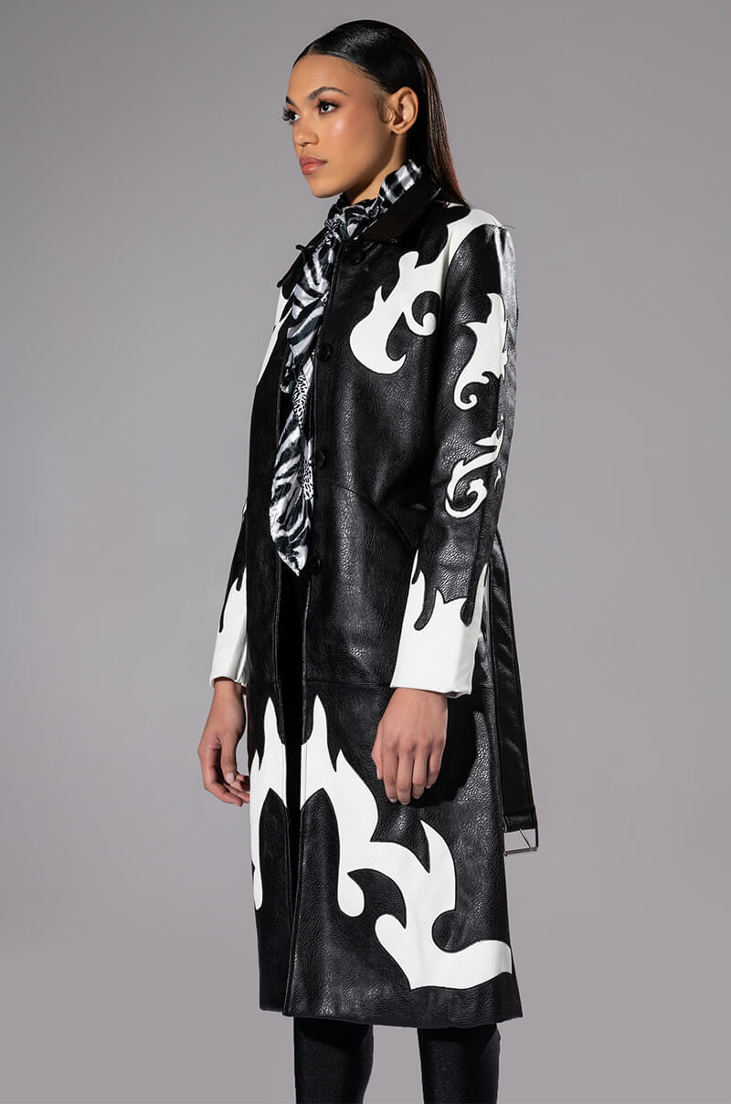 Front View Robot Cowgirl Pu Trench Jacket