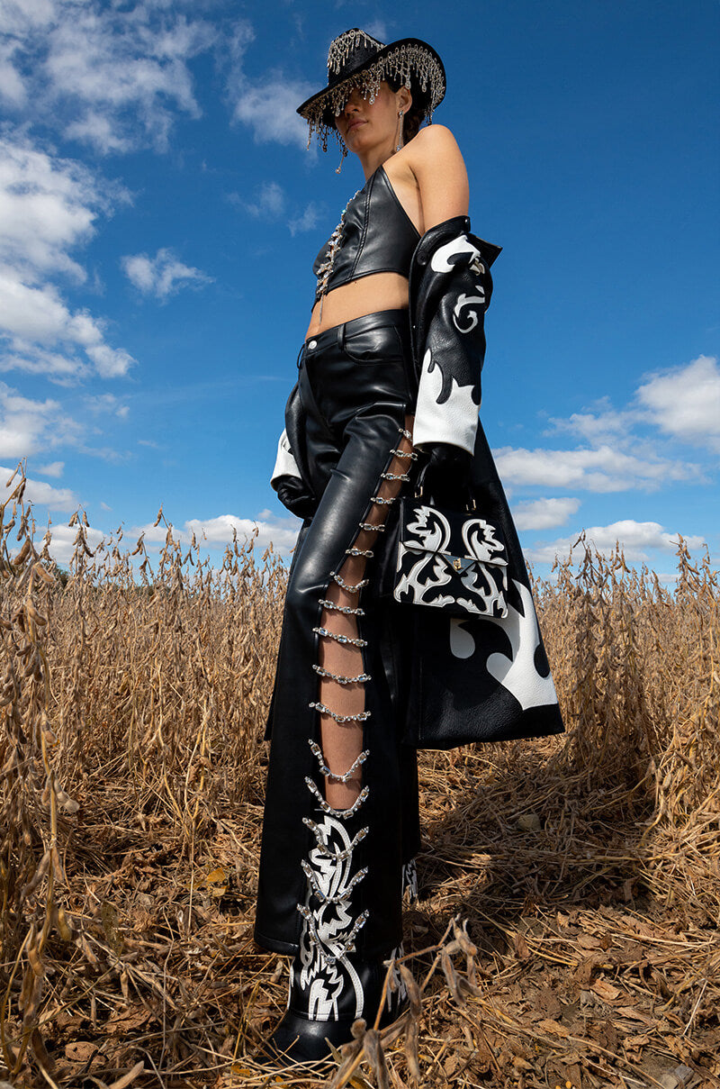 Back View Robot Cowgirl Pu Trench Jacket