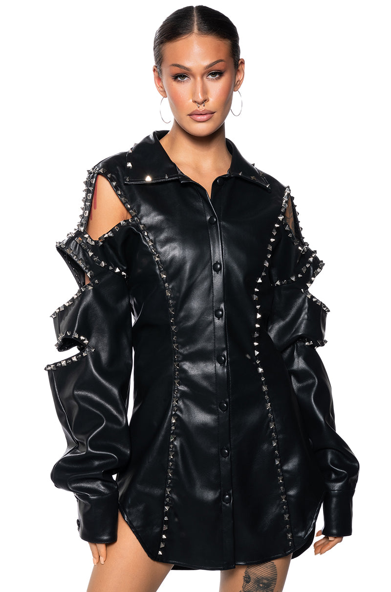 Front View Rock And Roll Pu Shirt Mini Dress