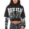 Front View Rock Star Graphic Layered Turtleneck Top In Grey