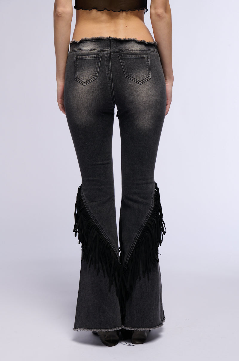 Back View Rodeo Fringe Low Rise Flare Jeans