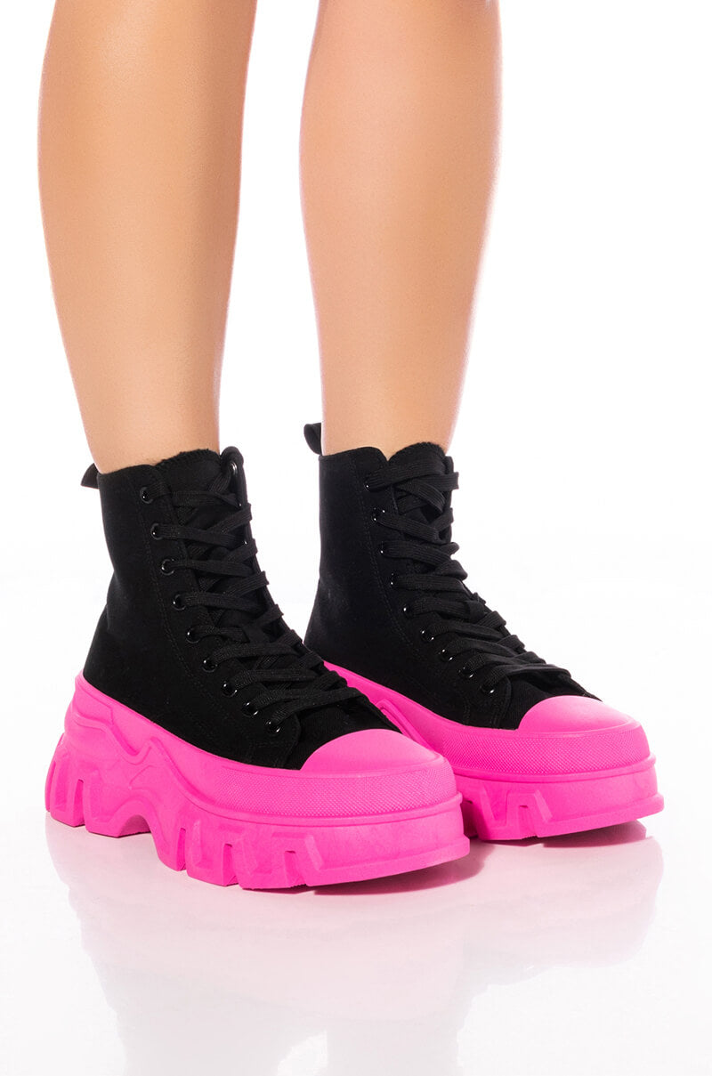 Front View Rollin Black And Pink High Top Sneaker