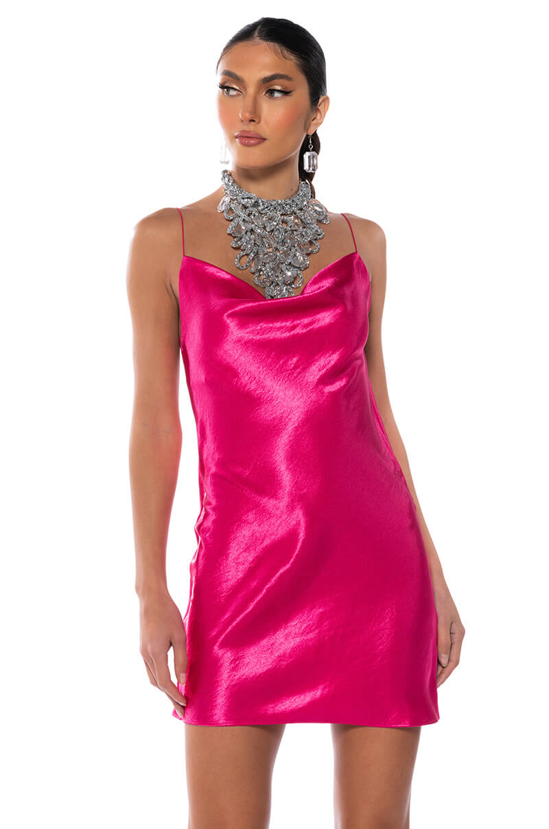 Front View Romance Lives On Cowl Neck Mini Dress In Fuchsia