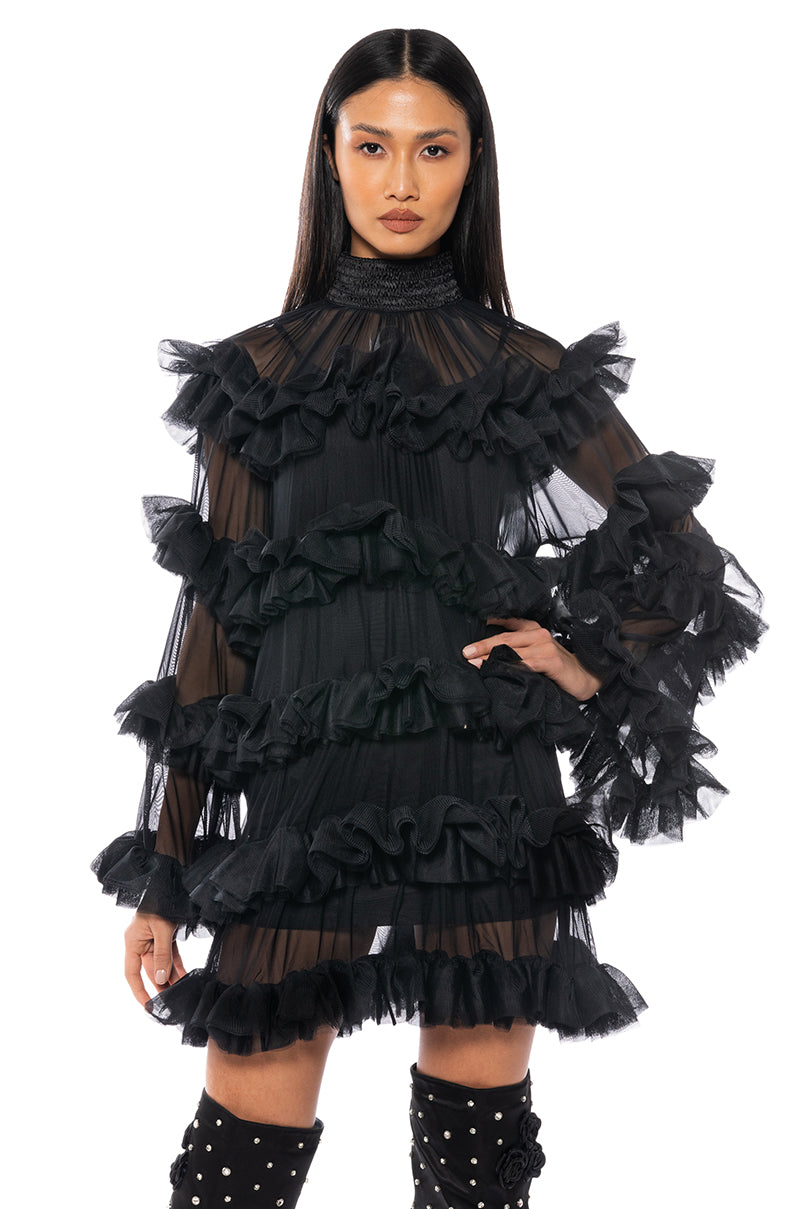 Front View Romantic Layered Ruffles Long Sleeve Mini Dress In Black