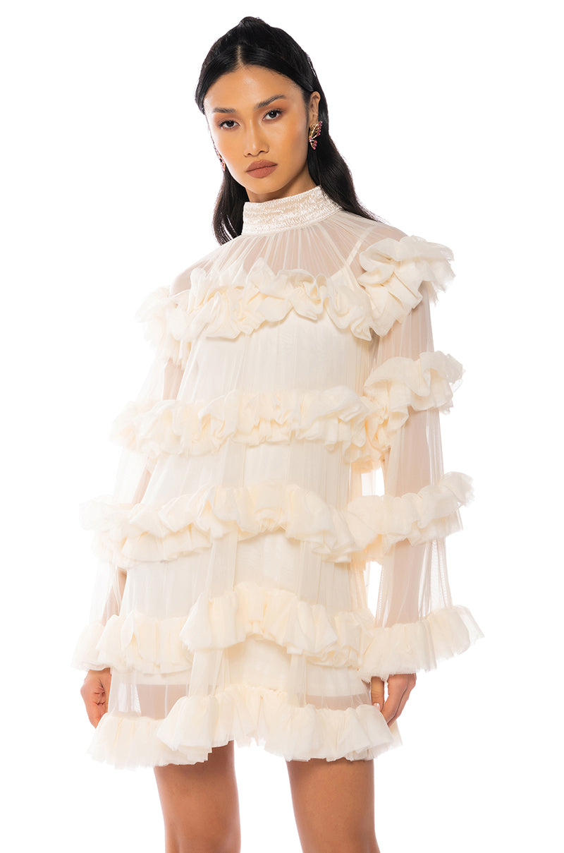 Front View Romantic Layered Ruffles Long Sleeve Mini Dress