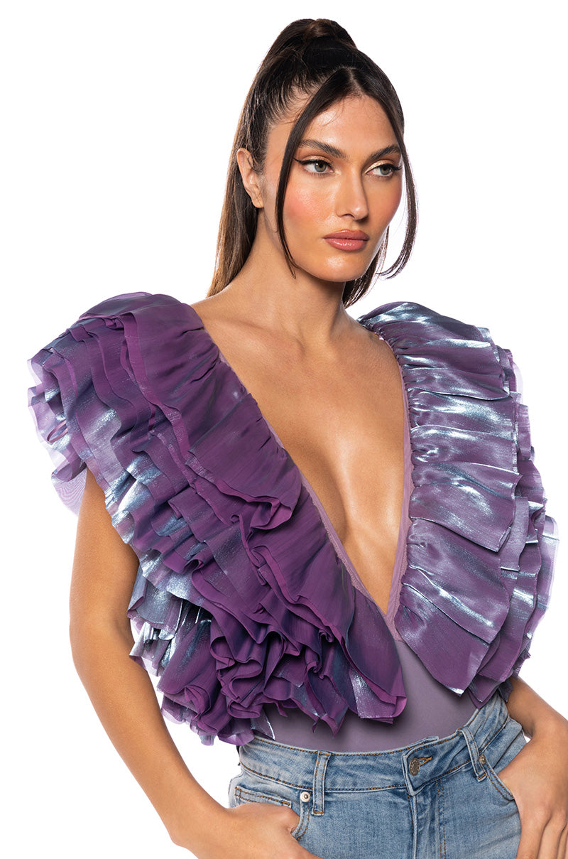 Front View Romantic Ruffled Bodysuit In Purple